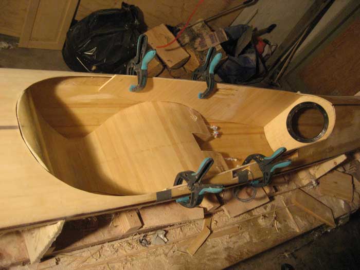 Wood strip surfski cockpit