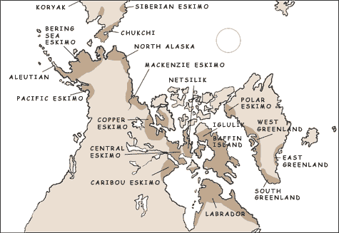 Karta över eskimåstammat och deras kajaker